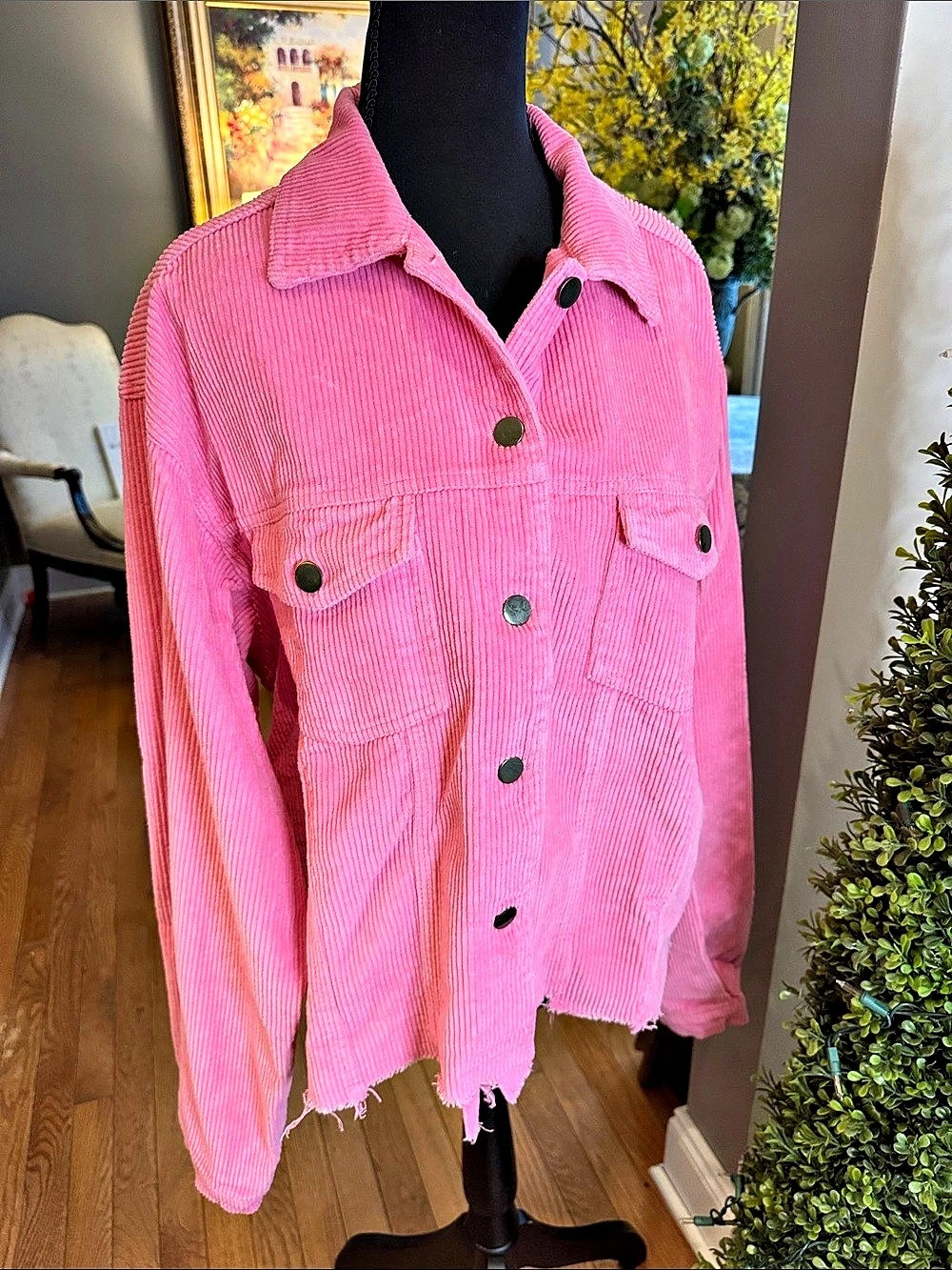 POL Button Down Corduroy Trucker Jacket Pink Corduroy Utility Jacket Size Large